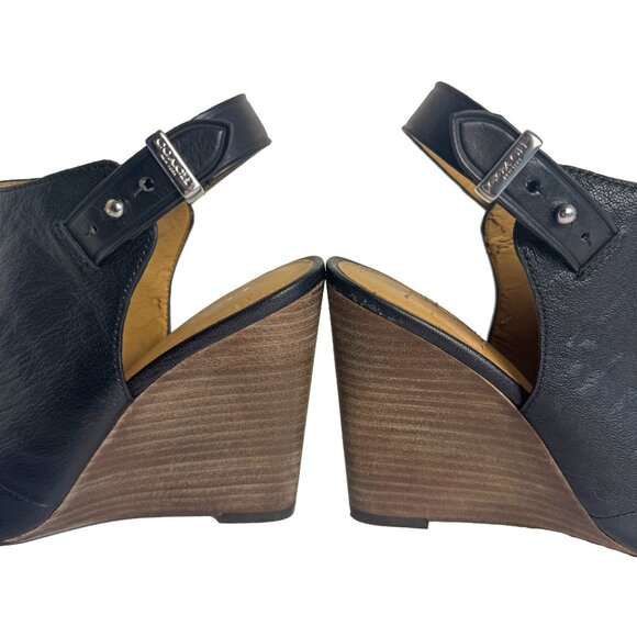 COACH Lindsay Safari Black Calf Leather Wedge Peep Toe Sandal Size 7 - Picture 7 of 12